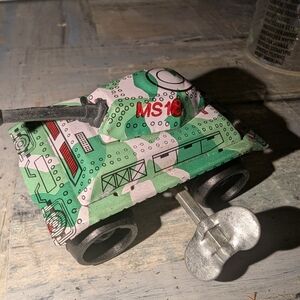Vintage metal wind -up Camouflage Toy Tank with Rotating Turret